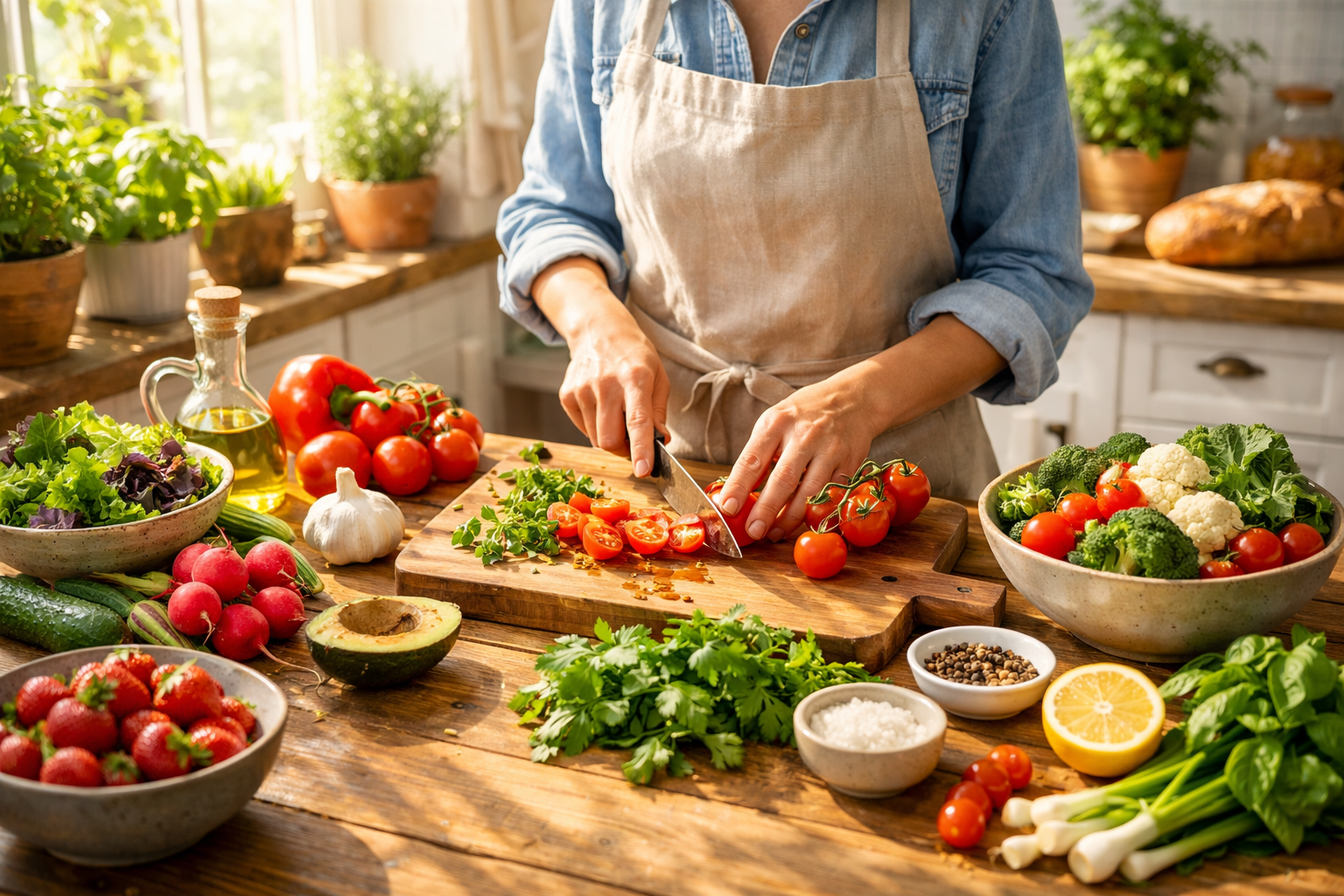 Person preparing fresh natural ingredients in a bright kitchen with sunlight, vegetables and herbs on wooden table, positive energy atmosphere