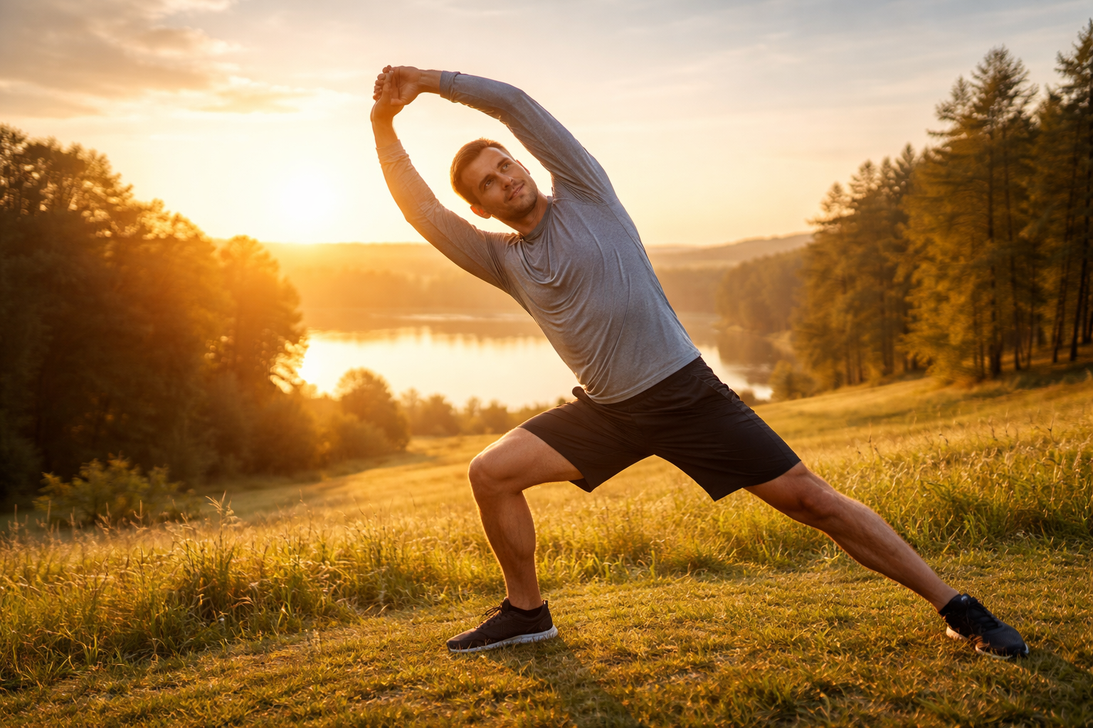 Active person doing light morning stretching exercises outdoors in nature, peaceful sunrise setting, healthy lifestyle concept